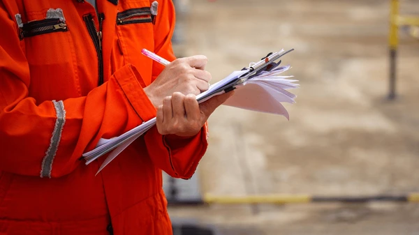 Construction worker with clipboard